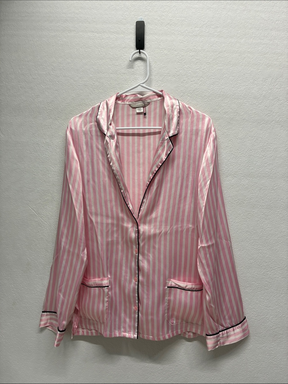 Victoria's Secret Pink/White Stripes Black Trim Signature Satin Long Sleeve Top